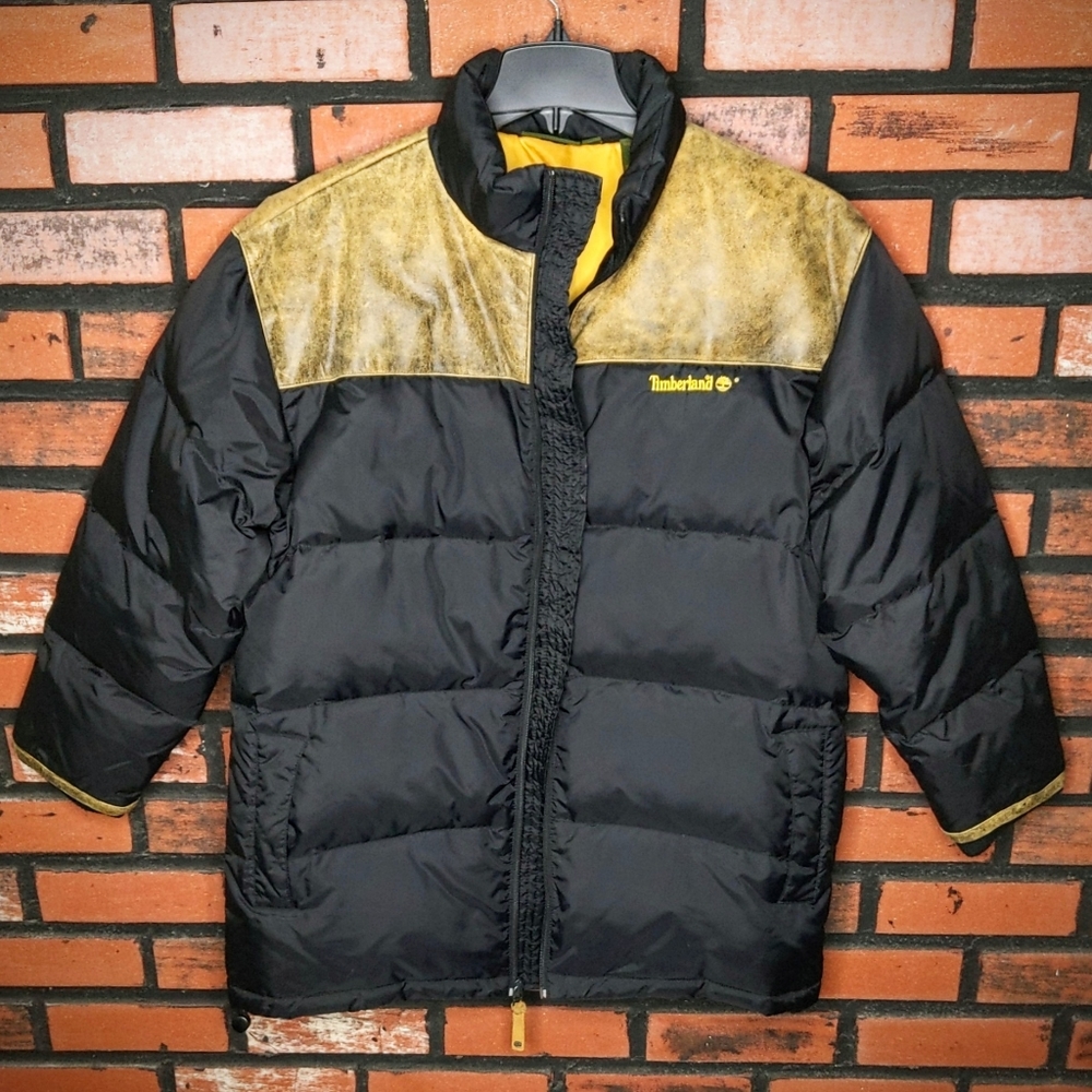 Timberland Men's Down Puffer Jacket L Large VTG Leather Trim Black Wheat Gold
